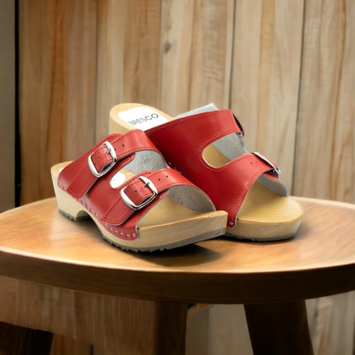 Wooden clogs with - open, toe