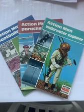 3 Action man Books Footballer, parachutist and Underwater Explorer