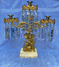 Antique Girandole Brass Marble & Crystal Prism Candelabra Called a Tender Moment