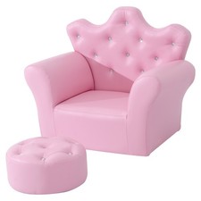 HOMCOM Kids Sofa Set, 2PCs Crown-Themed Child Armchair with Ottoman, Pink