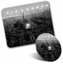 Mouse Mat & Coaster Set - BW - Train Station Tracks Railway  #35714