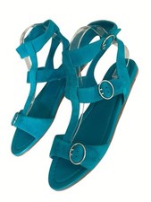 Women’s Prada Gladiator Sandals Flat Suede Leather Triple Buckle Turquoise U.K 7