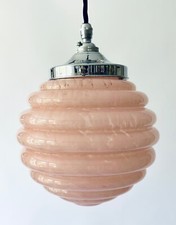 Vintage French Art Deco marbled ribbed glass globe ceiling light pink 1930s