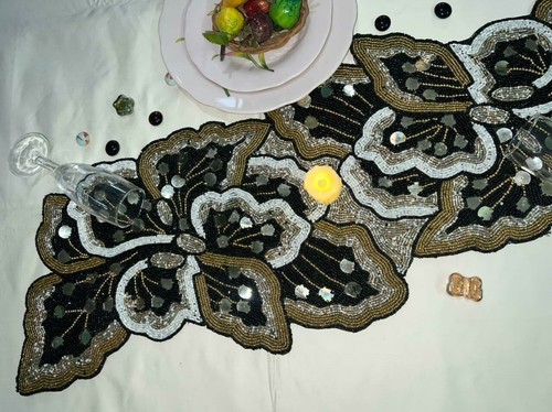 Black table runner beaded - black,
