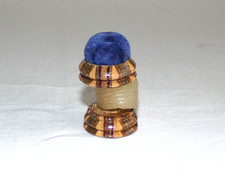 Vintage Wooden Inlaid Tunbridge Ware Sewing Spool with Wax & Pin Cushion Treen
