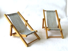 VINTAGE DOLL’S HOUSE - PAIR of BLUE & WHITE STRIPED FOLDING DECKCHAIRS