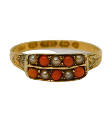 Victorian 15ct Gold, Coral, Seed Pearl Mourning Ring 'Anna, 1870' Antique