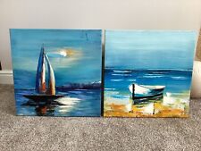 ‘Boat Blue’ Hand Painted Canvas (W)450mm (H)450mm Set of 2