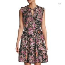 Kobi Halperin $648 Brook Black Gold Fleck Tiered Floral Mini Dress SZ XL