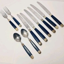 10 Pieces Vintage Mikasa Japan Blue & Gold Plastic Handles Cutlery Set - Worn