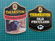 2 VINTAGE THEAKSTON Beer Pump Clips - OLD PECULIER, BLACK BULL BITTER