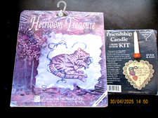 Vintage DMC HEIRLOOM TREASURE Cat Pillow 12X12" FRIENDSHIP CANDLE CROSS STITCH Y