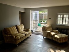 1 Handmade Duresta armchair Chrome Feet + Footstool &  2 Seater Sofa To Match