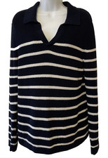 Navy & White stripe long sleeve Collared Soft Cotton Jumper Size M
