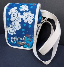 Small Animal Floral Oriental Crossbody Bag Long Cream Strap Messenger Teal Blue