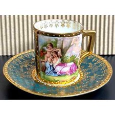 BEAUTIFUL ANTIQUE Cherub AUSTRIA Vienna  TEA CUP AND SAUCER SET GOLD GILT