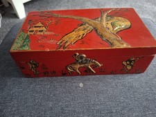 Embossed Painted Pine Jewellery / Trinket Box Possible Chinese Tourist Ware ??