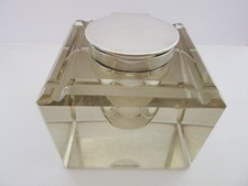 HEAVY ANTIQUE STERLING SILVER & GLASS INKWELL - JOHN GRINSELL BIRMINGHAM 1905