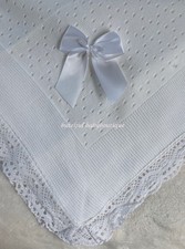 Beautiful White Baby Shawl Knitted Blanket with Bow & Crochet Edge