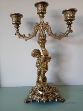 Vintage golden brass/bronze baroque style cherub 3-scone candelabra