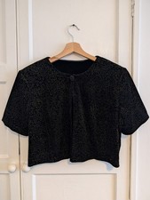 Vintage Padded Shoulder Bolero Cover Up Cropped Jacket Sparkly Black Gold Velvet
