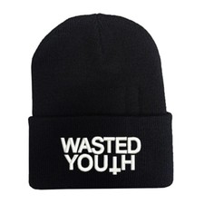 WASTED YOUTH BEANIE HAT (BLACK WITH WHITE LOGO) Free Shipping USA
