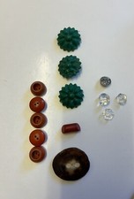 Vintage Interesting Buttons, Wood, Glass, Bone, Plastic Green Orange Various