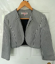 Jacques Vert 12 Navy Blue White Stripe Open Bolero Jacket Blazer Lined Occasion