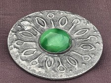 ART DECO RUSKIN CELTIC STYLE PEWTER BROOCH  green CABOCHON 5 CM large