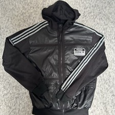 VIntage Adidas Jacket Mens Large Black Originals Wet Look Shiny Retro Coat