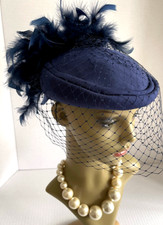Wedding Hat Vintage C&A Navy Blue Beautiful Feathers and Netting Chic and Trendy
