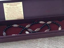 PAST TIMES VINTAGE ART DECO LONG STRAND JET/GOLD PLATED/BEADED SILVER NECKLACE 