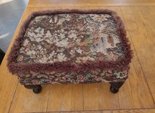 Vintage Floral Tapestry Footstool With Wooden Queen Ann Legs - Home Decor