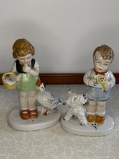 Charming Kitsch Vintage Boy with Dog &  Girl with Goose Figurines 