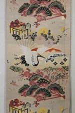 antique textile Japanese woven silk maru obi fabric crane plum pine bamboo 3