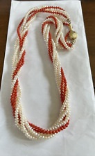 Vintage Real Pearl, Red Coral Necklace 21" 5 strands Gold Plated clasp