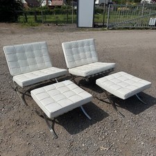 Pair Barcelona Chairs & Stools Reproduction White Lounge Restoration Project