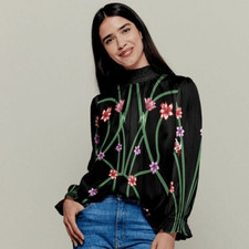 Tucker Stella Top Art Nouveau Floral in Stretch Charmeuse Silk Blouse Mock Neck