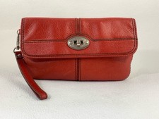 Fossil Maddox Burnt Red Pebbled Leather Foldover Clutch Bag Wallet 