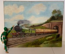 VINTAGE LARGE OIL PAINTING LOCOMOTIVE OLD STEAM TRAIN LNER 1960 SIGNED F WESTON