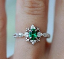 Silver new delicate antique cluster green emerald colour ring genuine  all sizes