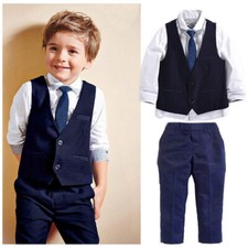 4PCS Kid Baby Boy Tuxedo Suit Shirt Waistcoat Tie Pants Formal Outfit Clothes