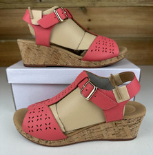 Hotter Martinique Wedge Sandals Coral Punched Leather Cork Size 6 UK 39 EU