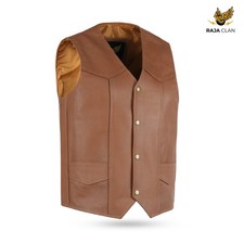 Men Classic Tan Brown Plain Classic Biker Leather Waistcoat 4 Pockets Club Vest