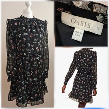 BNWOT  OASIS size 12 Reggie Black Long Slv Woodland & Unicorn Print Dress ???