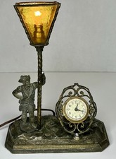 Antique Working 1800s Colonial Figural Statue Mantel Clock With Amber Glass Lamp