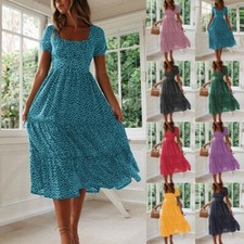 Womens Floral Boho Midi Dress Ladies Summer Holiday Beach Swing Kaftan Sundress
