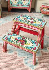 Red & Blue Rikisha Hand Painted Step Stool Colourful Wooden Platform /Step Stool