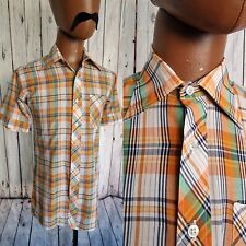 Dagger Collar Shirt Orange Check PolyCotton -Small- Vintage  1970s Mod Skin CY50