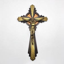 Vintage Art Deco Catholic Brass & Copper Metal Crucifix Wall Mounted Cross 33cm